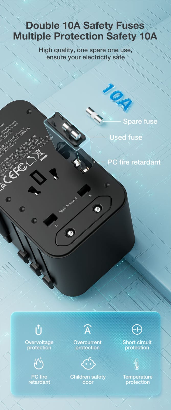 Mediatech Universal GaN Travel Adaptor MT-809 70W Fast Charging With Cable All Black 630006AB