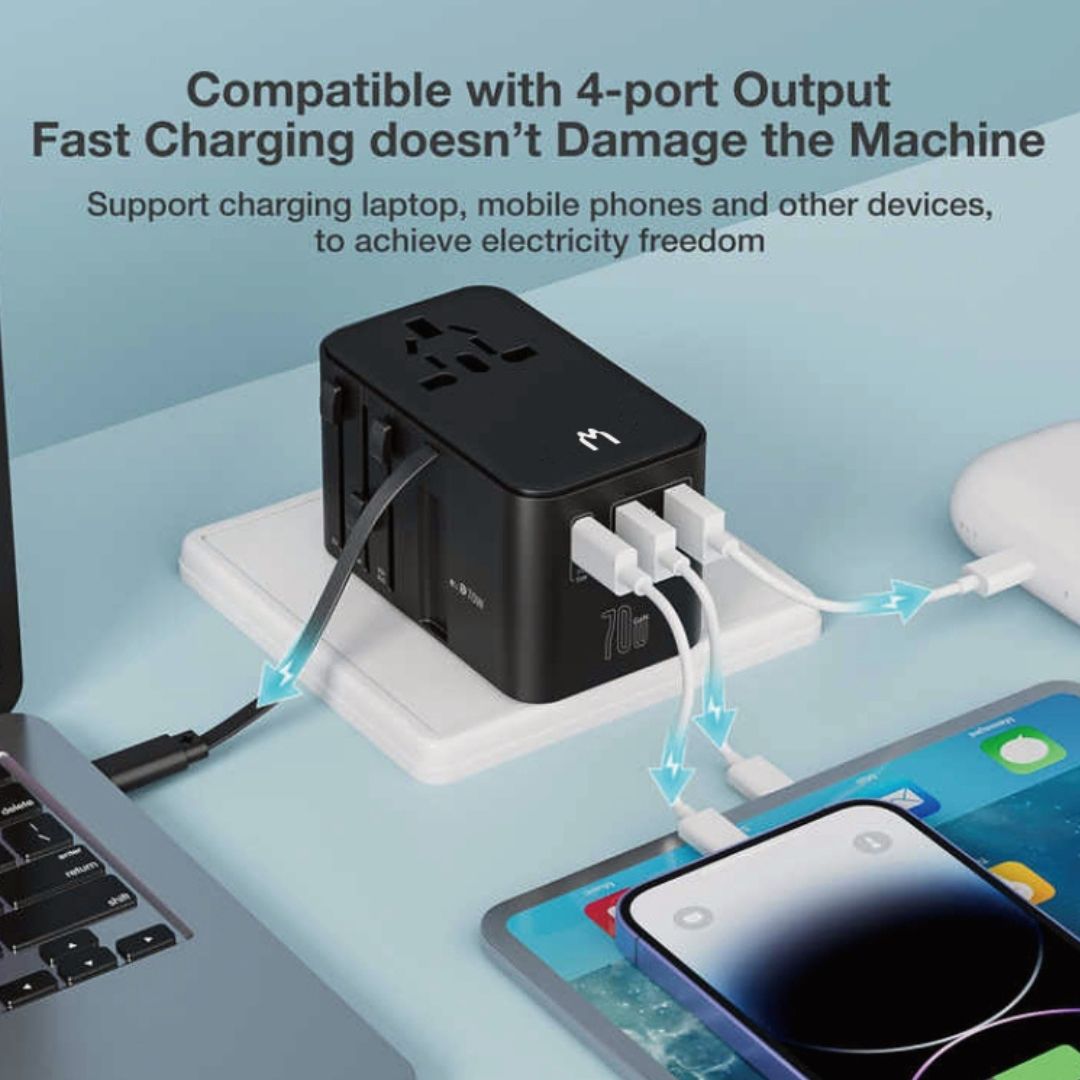 Mediatech Universal GaN Travel Adaptor MT-809 70W Fast Charging With Cable All Black 630006AB