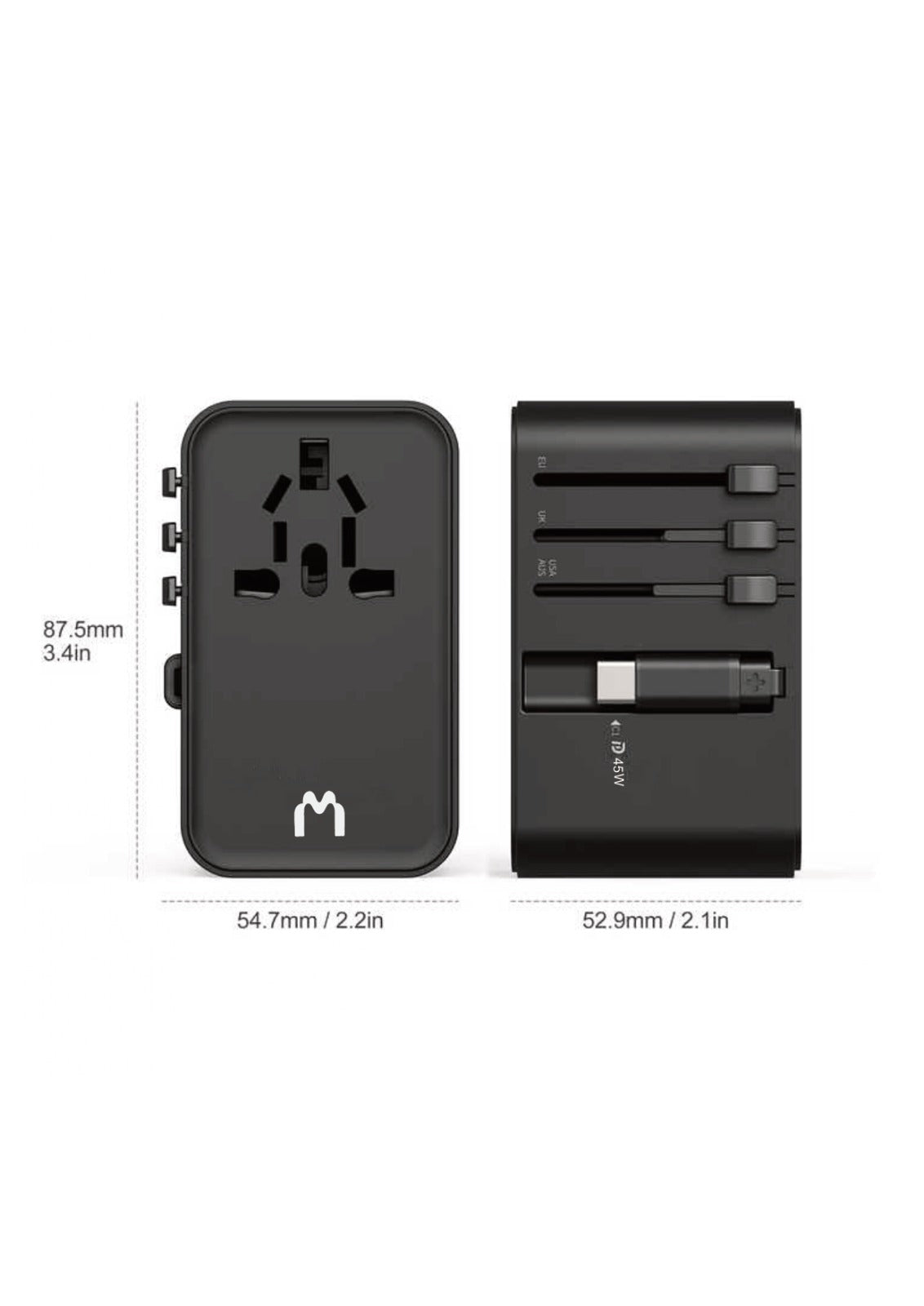 Mediatech Universal GaN Travel Adaptor MT-809 70W Fast Charging With Cable All Black 630006AB