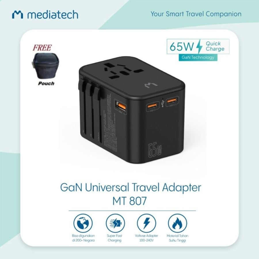 Mediatech GaN Universal Travel Adaptor MT-807 Super Fast Charging 65w - All Black 630005AB