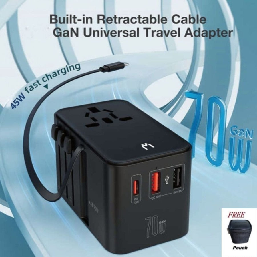 Mediatech Universal GaN Travel Adaptor MT-809 70W Fast Charging With Cable All Black 630006AB