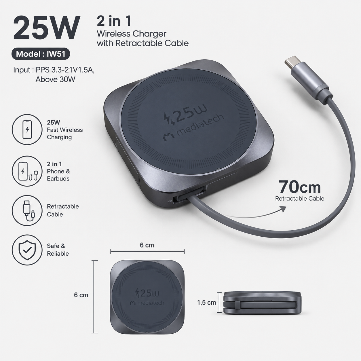 Mediatech Wireless charger 25W 2 in 1 Wireless charger with retractable cable -669286