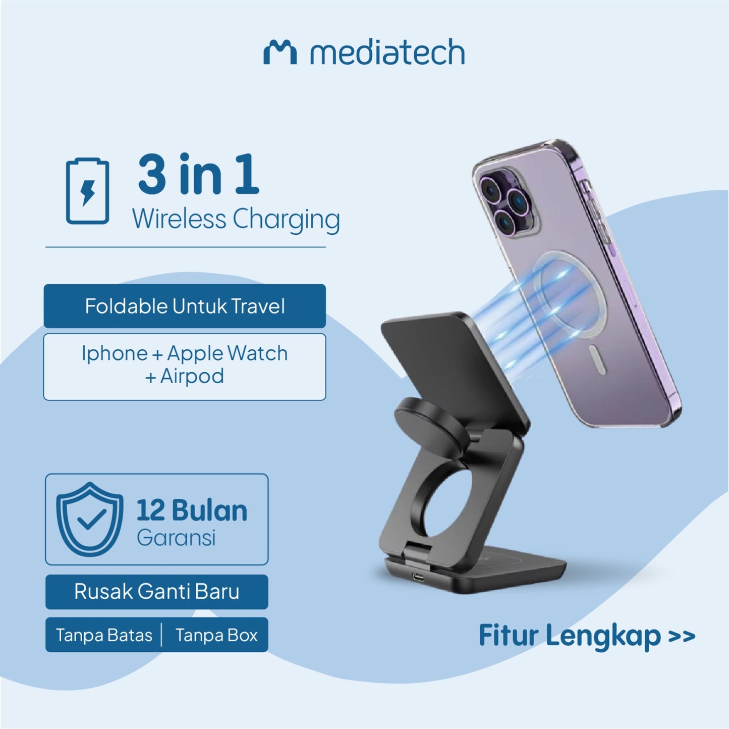 Mediatech 3 In 1 15W Fast Magnetic Wireless Charging Android dan iPhone - 669285
