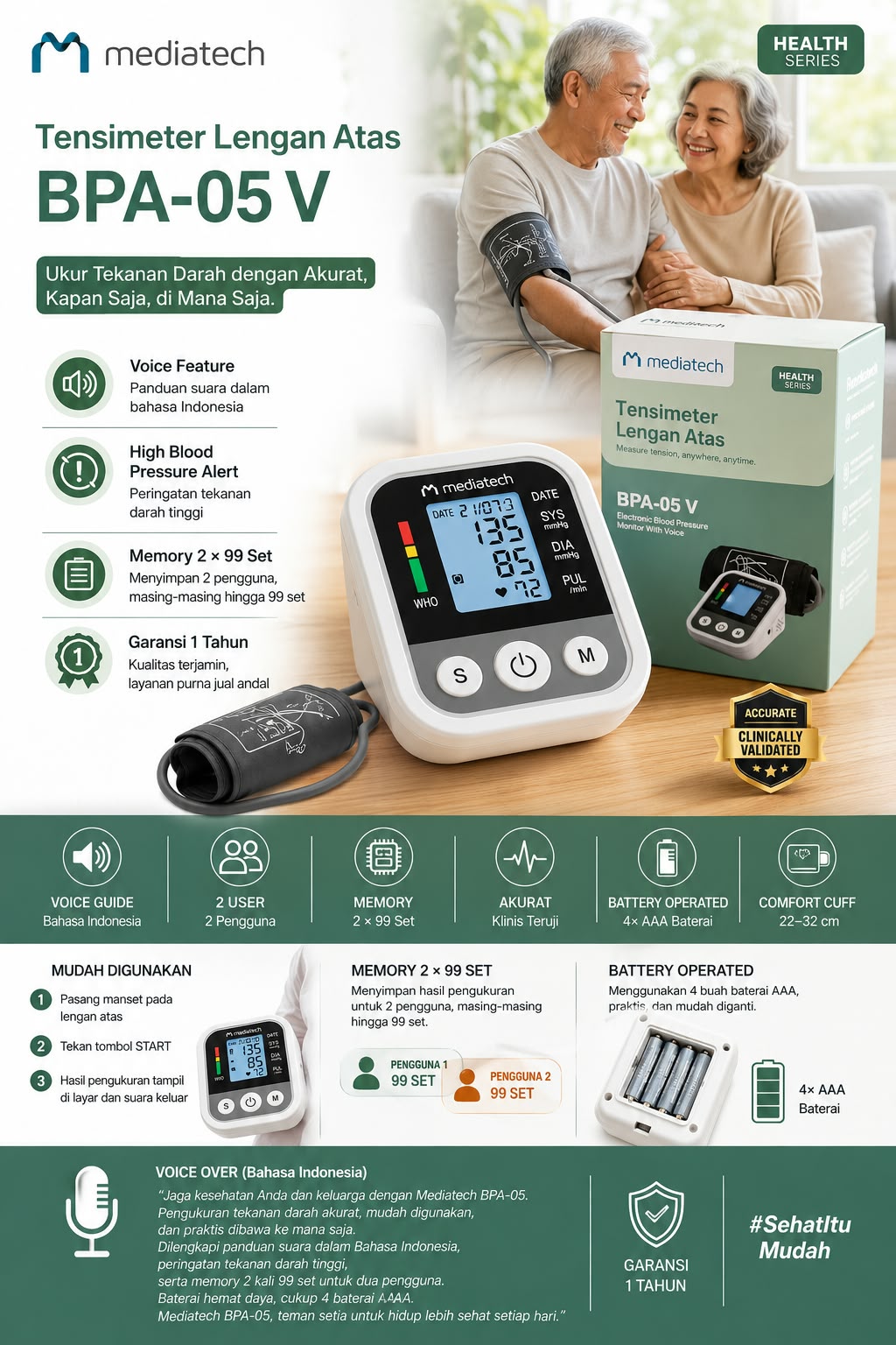 Mediatech Tensimeter Lengan Atas Dengan Suara Alat Cek Tekanan Darah Otomatis BPA 01v - B460060