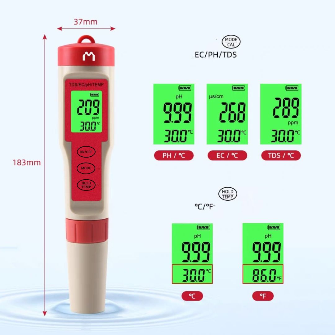 Mediatech PH TDS EC Temp Meter Waterproof Auto Calibrate ATC 9908 merahabu - B1900134