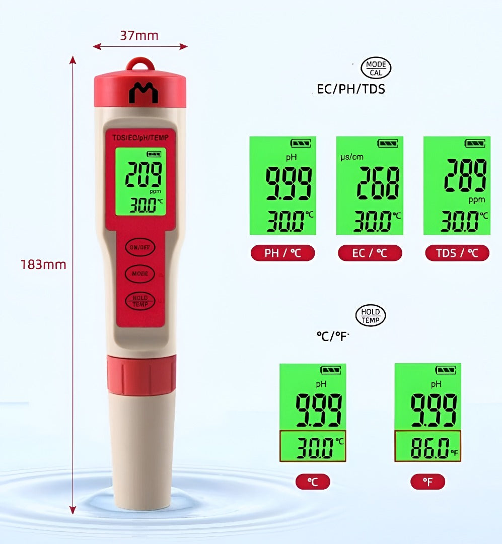 Mediatech PH TDS EC Temp Meter Waterproof Auto Calibrate ATC 9908 merahabu - B1900134
