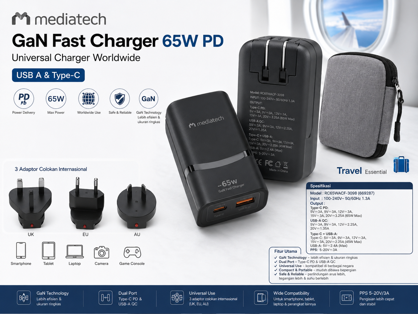 Mediatech GaN Fast Charger 65W PD Universal Charger Worldwide USB A dan type C - 669287