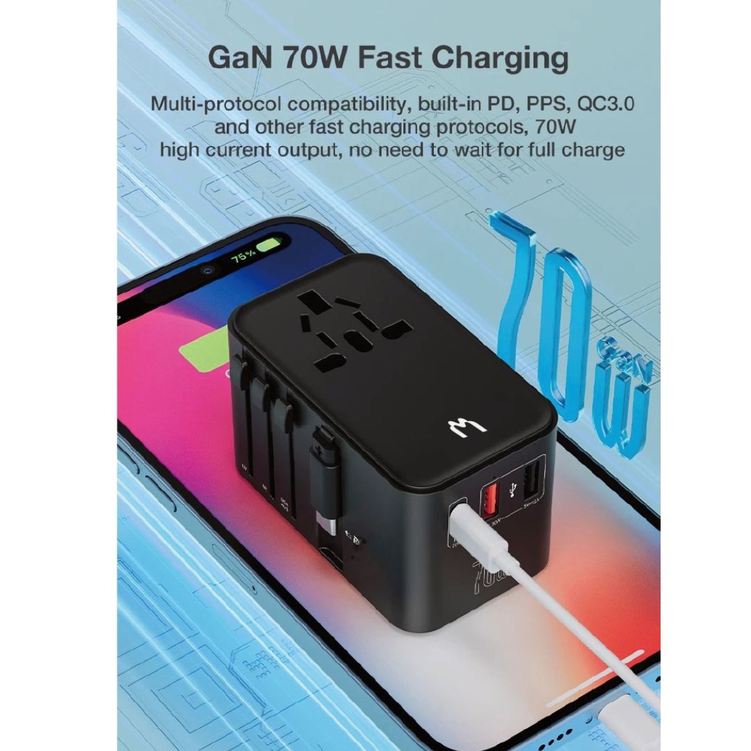 Mediatech Universal GaN Travel Adaptor MT-809 70W Fast Charging With Cable All Black 630006AB