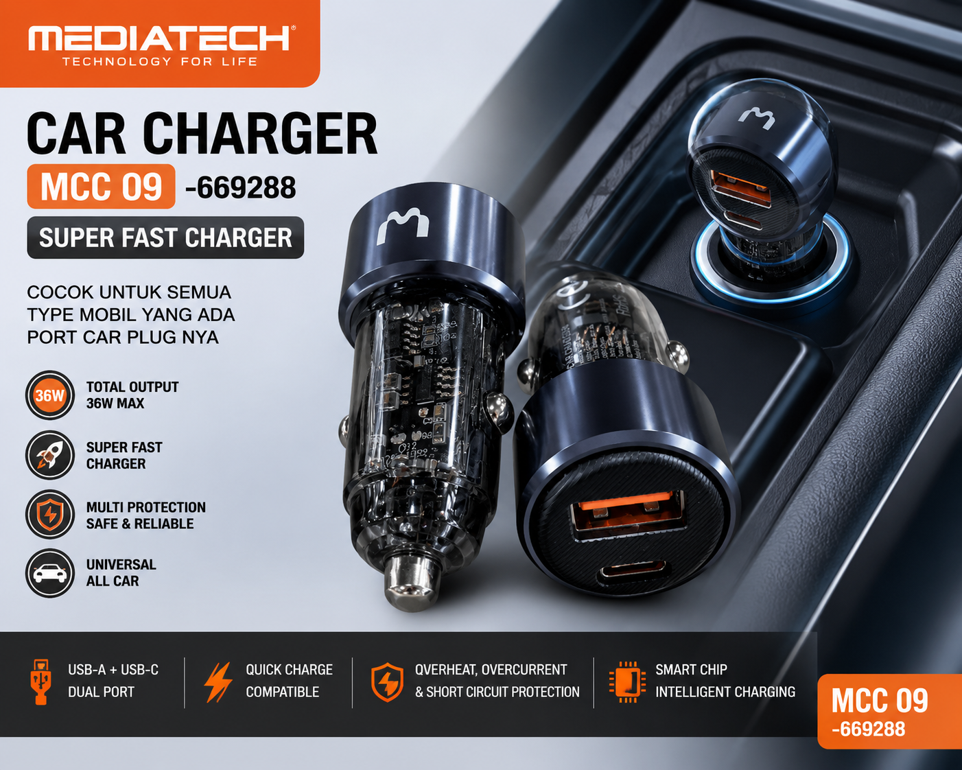 Mediatech Car Charger MCC 09 33W Super Fast Charger Dual Port USB A QC 3.0 + Type C PD - 669288