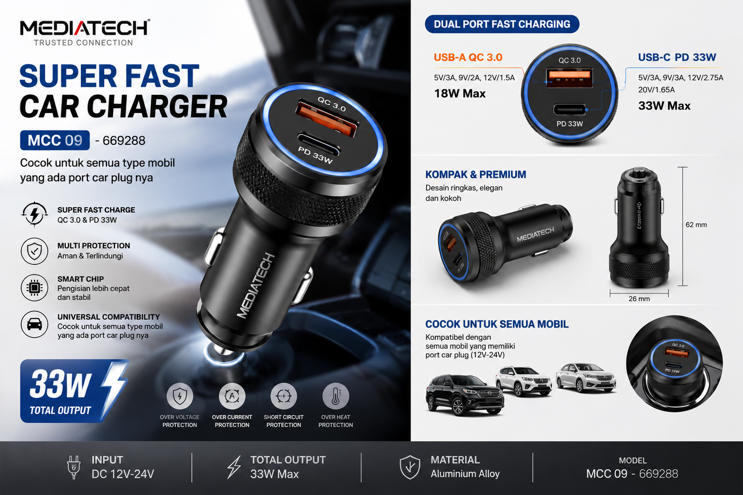 Mediatech Car Charger MCC 09 33W Super Fast Charger Dual Port USB A QC 3.0 + Type C PD - 669288