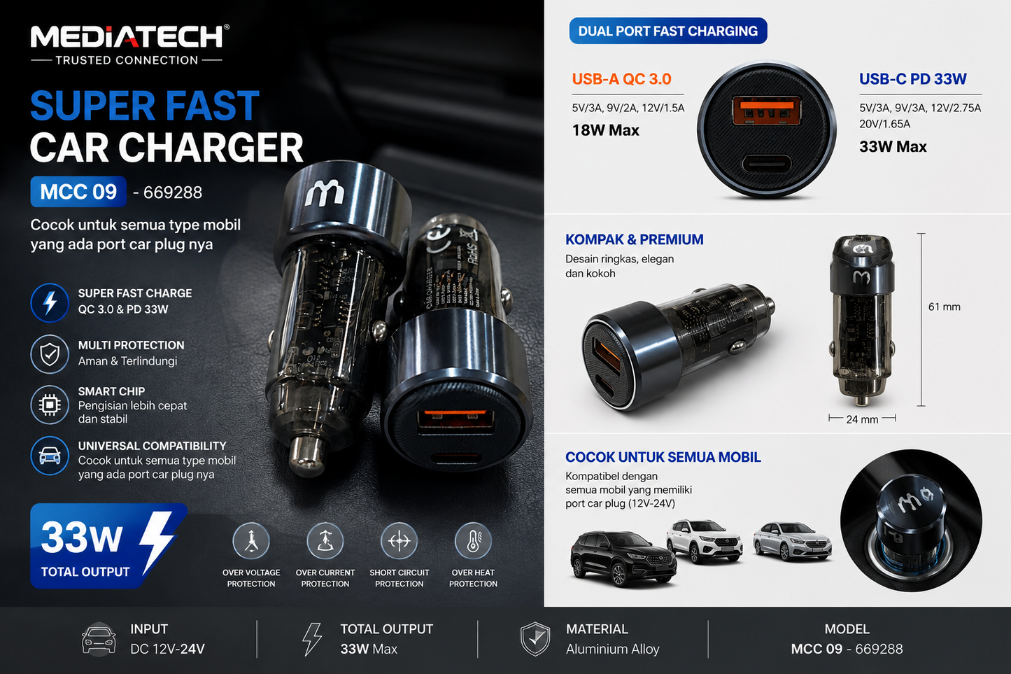 Mediatech Car Charger MCC 09 33W Super Fast Charger Dual Port USB A QC 3.0 + Type C PD - 669288
