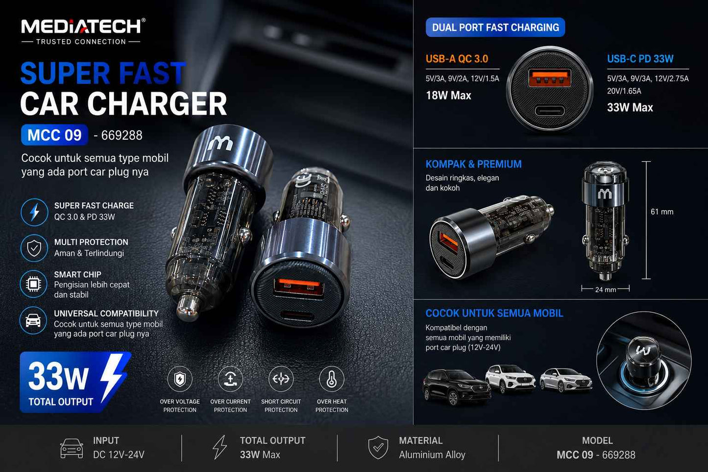 Mediatech Car Charger MCC 09 33W Super Fast Charger Dual Port USB A QC 3.0 + Type C PD - 669288