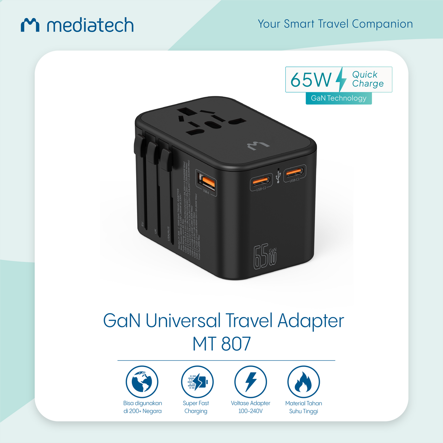 Mediatech GaN Universal Travel Adaptor MT-807 Super Fast Charging 65w - All Black 630005AB