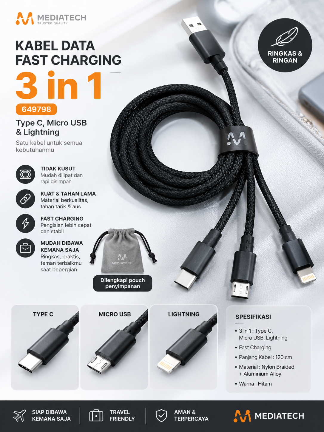 Mediatech Kabel Data Fast Charging 3 in 1 - 649798