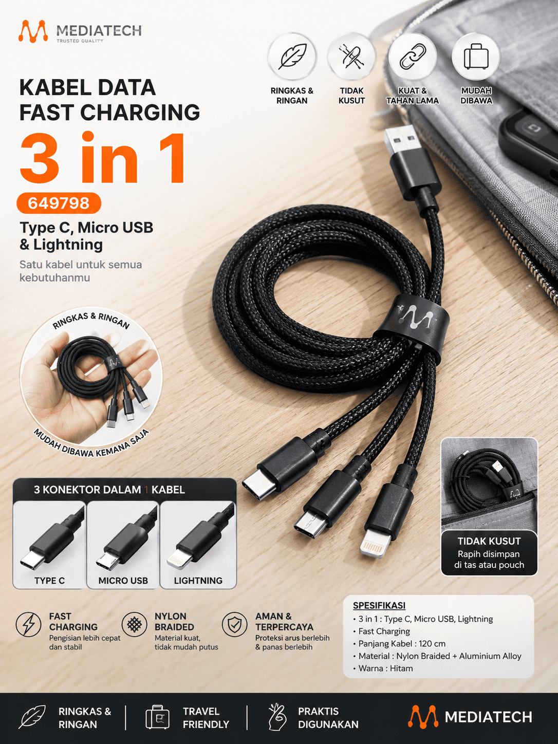 Mediatech Kabel Data Fast Charging 3 in 1 - 649798
