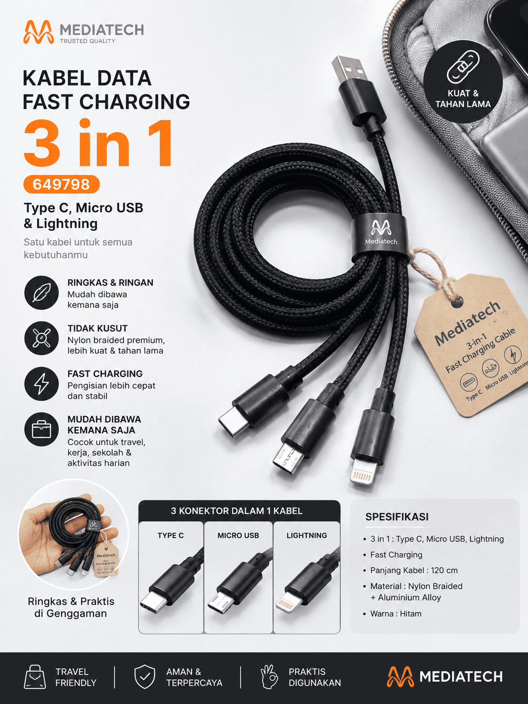 Mediatech Kabel Data Fast Charging 3 in 1 - 649798