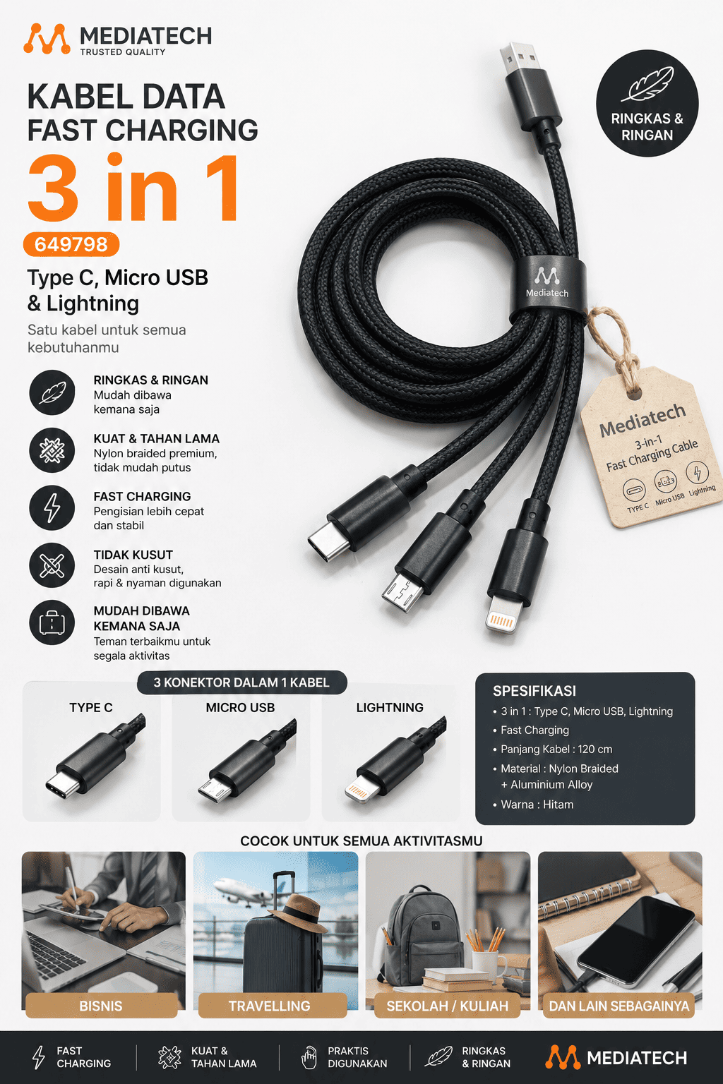 Mediatech Kabel Data Fast Charging 3 in 1 - 649798