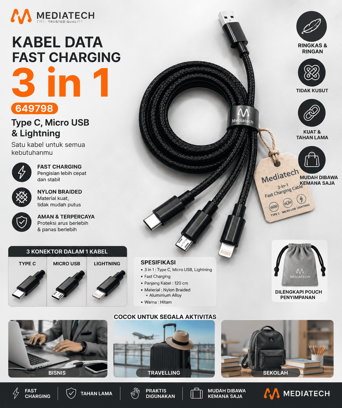 Mediatech Kabel Data Fast Charging 3 in 1 - 649798