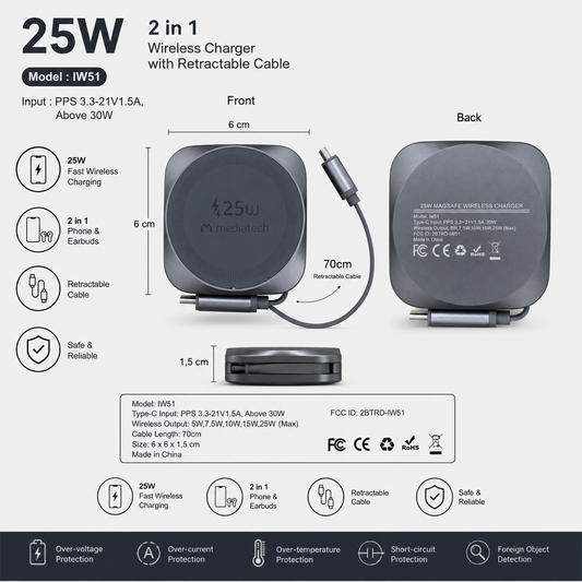 Mediatech Wireless charger 25W 2 in 1 Wireless charger with retractable cable -669286