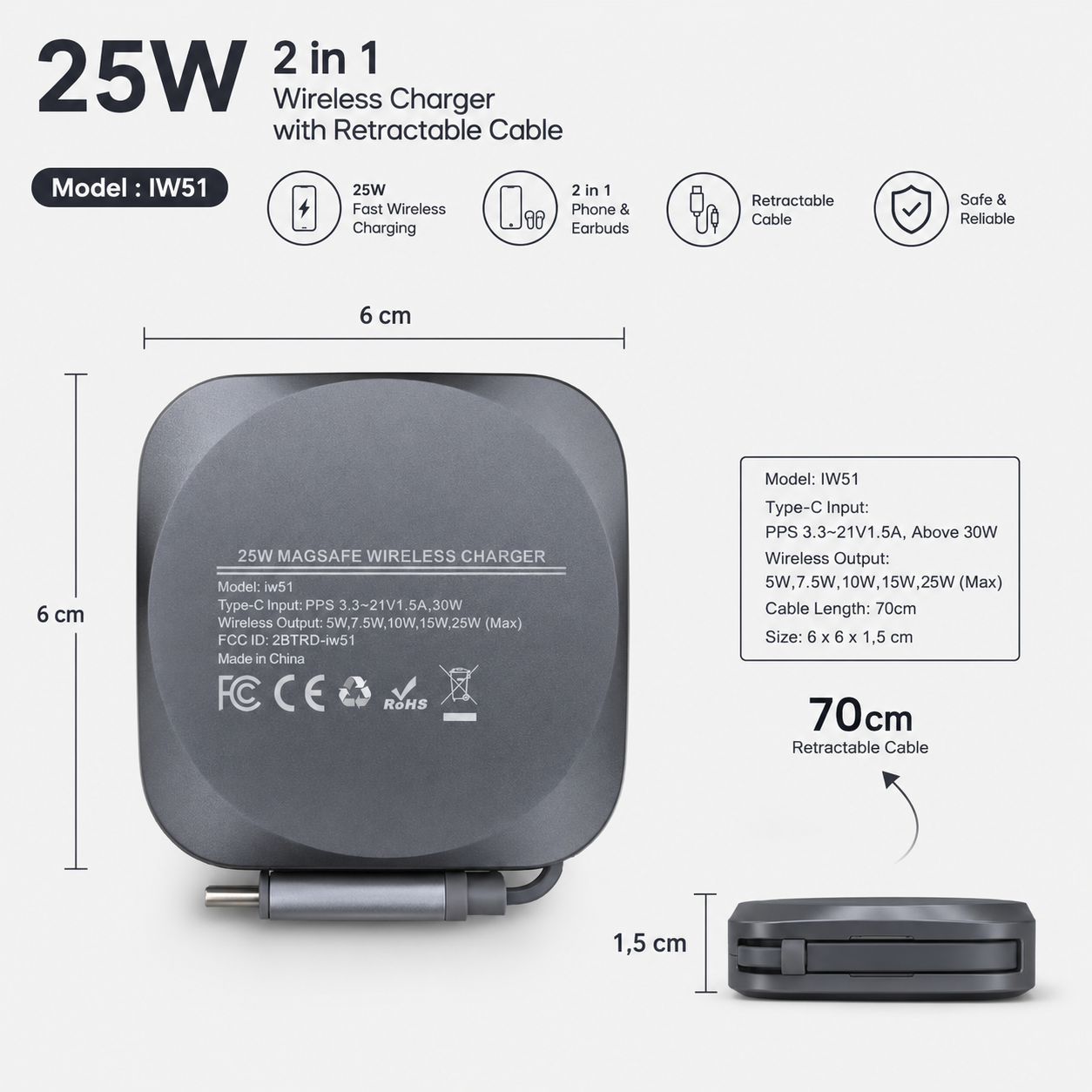 Mediatech Wireless charger 25W 2 in 1 Wireless charger with retractable cable -669286