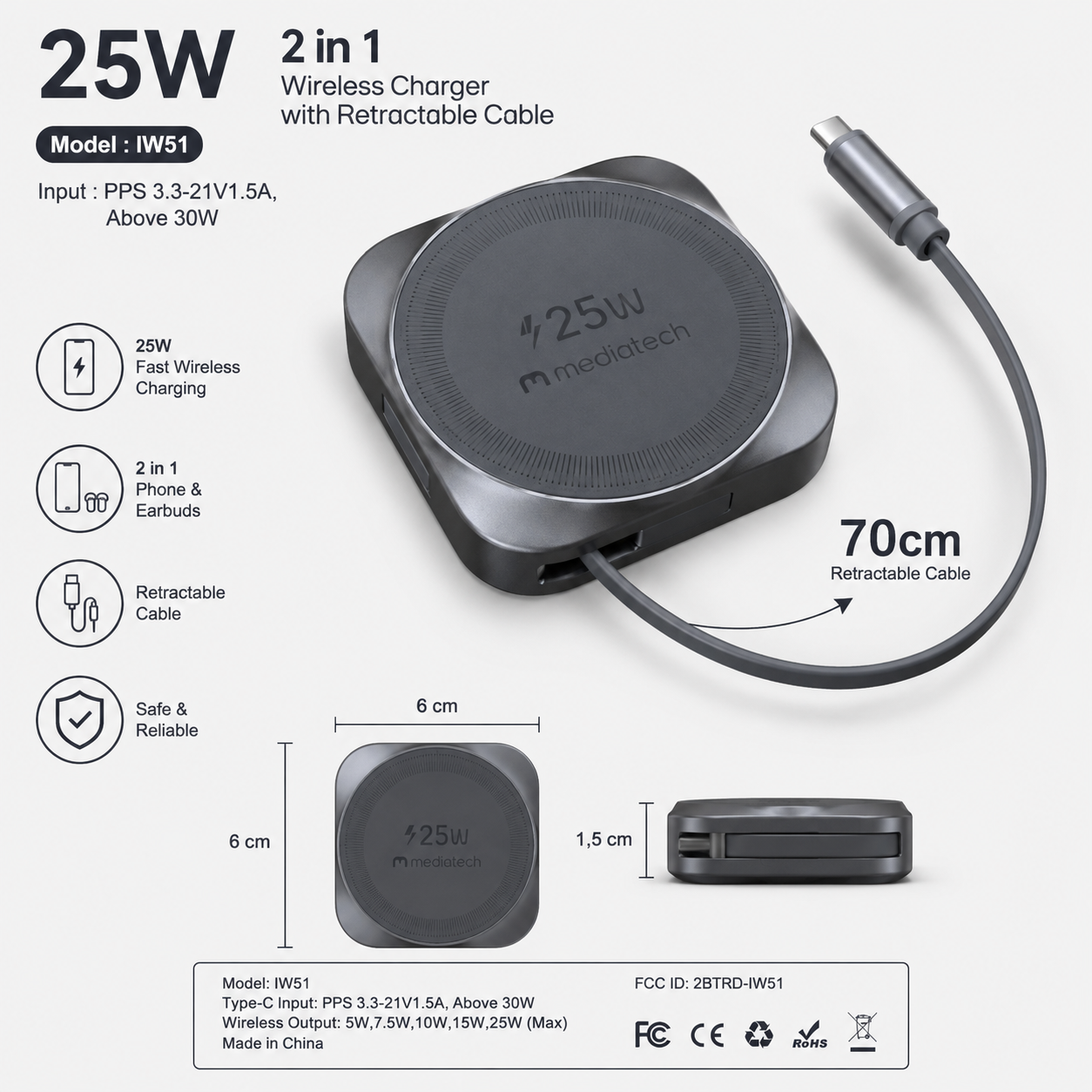 Mediatech Wireless charger 25W 2 in 1 Wireless charger with retractable cable -669286