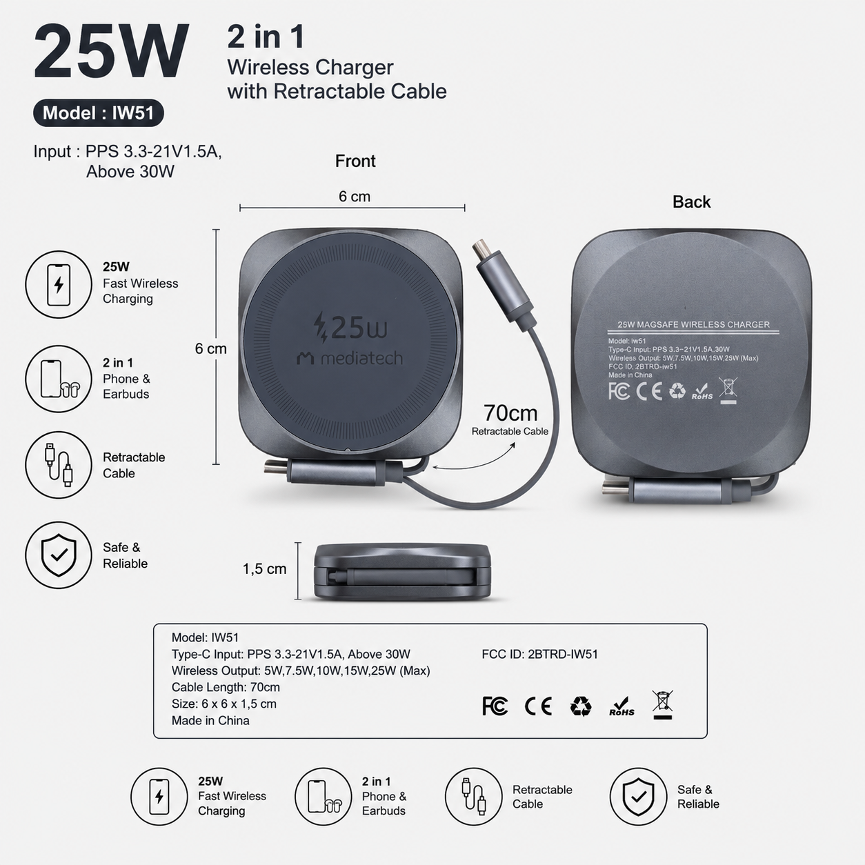 Mediatech Wireless charger 25W 2 in 1 Wireless charger with retractable cable -669286