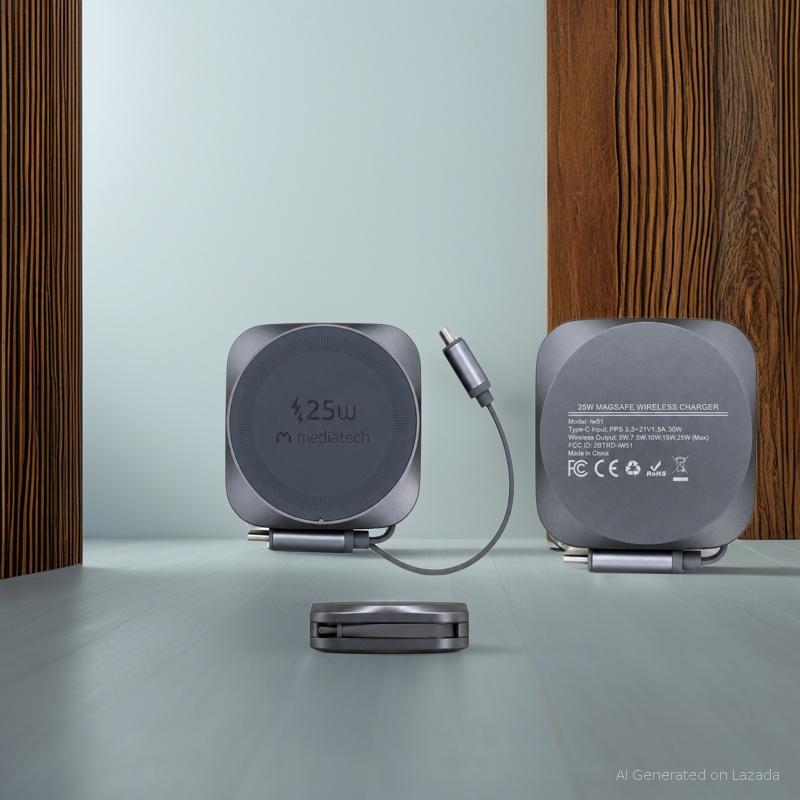 Mediatech Wireless charger 25W 2 in 1 Wireless charger with retractable cable -669286