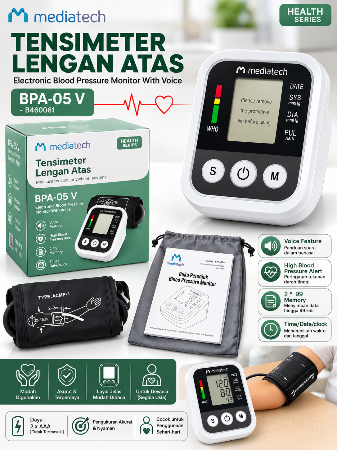 Mediatech Tensimeter Lengan Atas Dengan Suara Alat Cek Tekanan Darah Otomatis BPA 01v - B460060