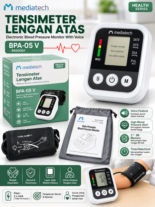 Mediatech Tensimeter Lengan Atas Dengan Suara Alat Cek Tekanan Darah Otomatis BPA 01v - B460060