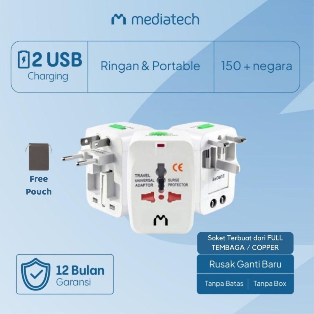 Mediatech Universal Travel Adaptor UTA-03 ( USB 1A ) konektor TEMBAGA Plus POUCH  - 630001